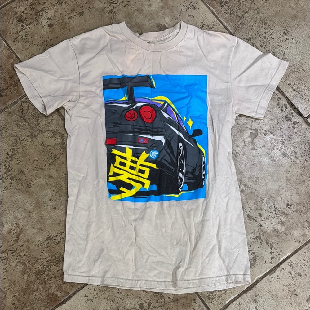 Graphic Tee with Car Design - Cream